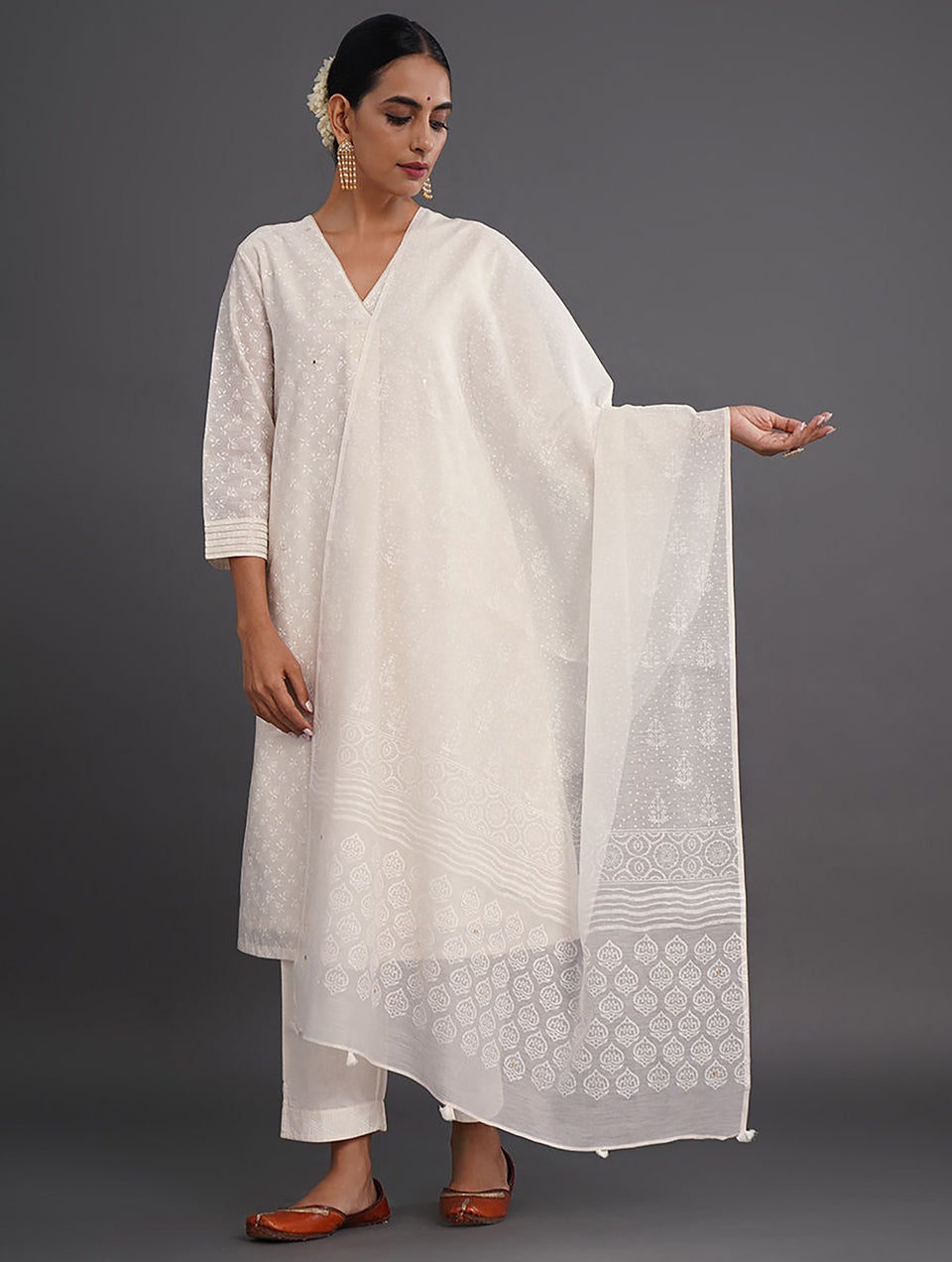 Women Ivory Block Printed Silk Cotton Dupatta With Tassels