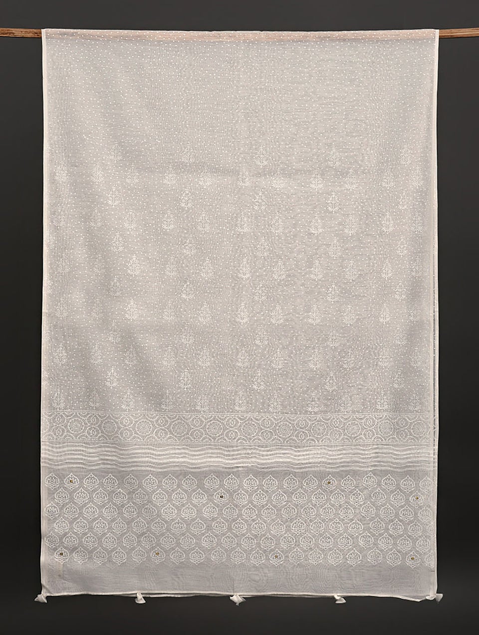 Women Ivory Block Printed Silk Cotton Dupatta With Tassels