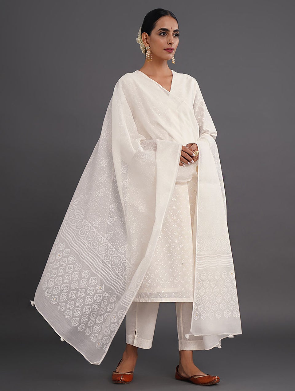 Women Off White_Cream Cotton Silk Block Print Collection Dupatta
