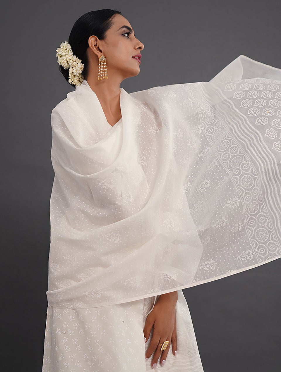 Women Ivory Block Printed Silk Cotton Dupatta With Tassels