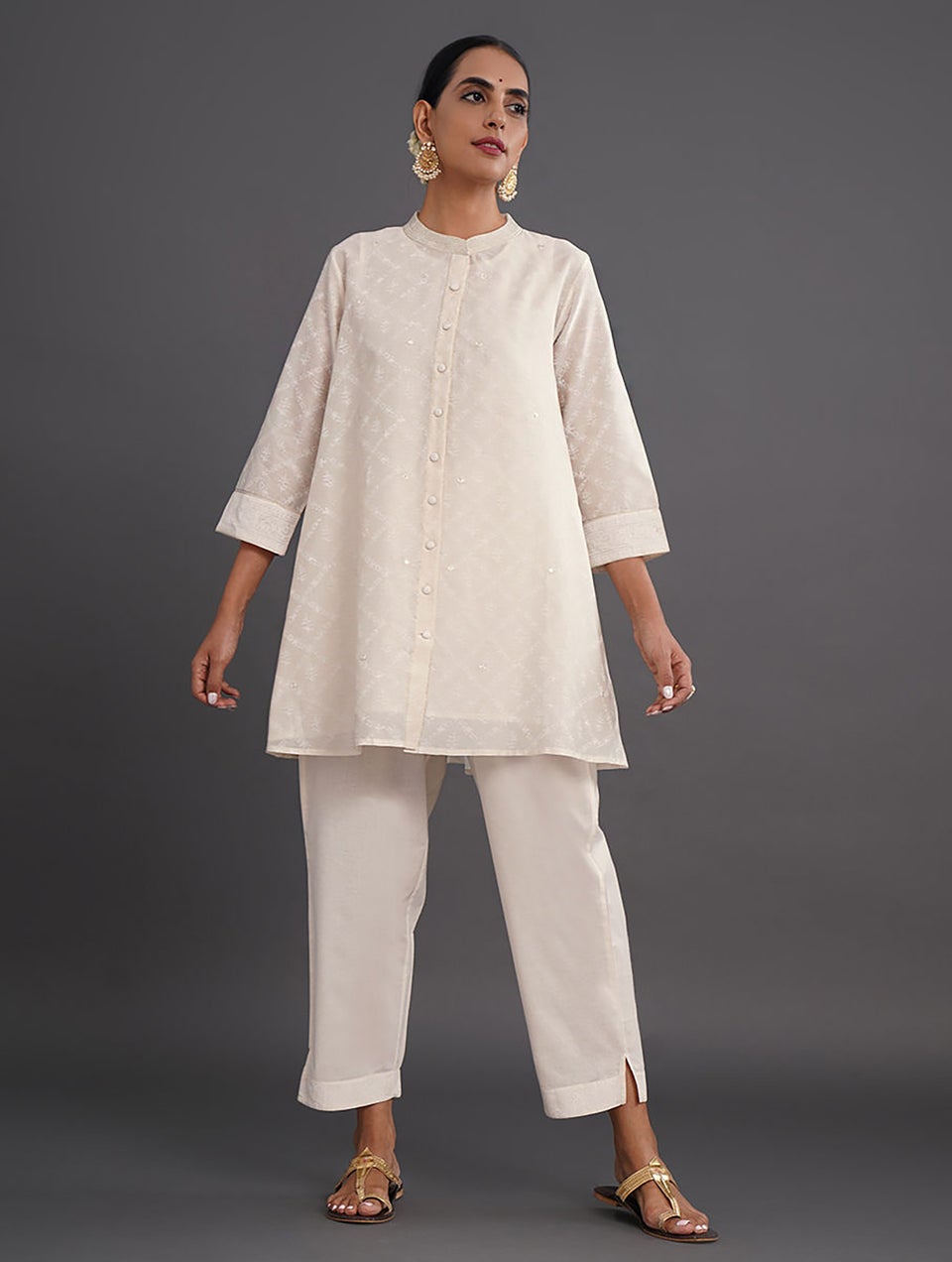 Women Ivory Embroidered Block Printed Silk Cotton Tunic With Slip - XS