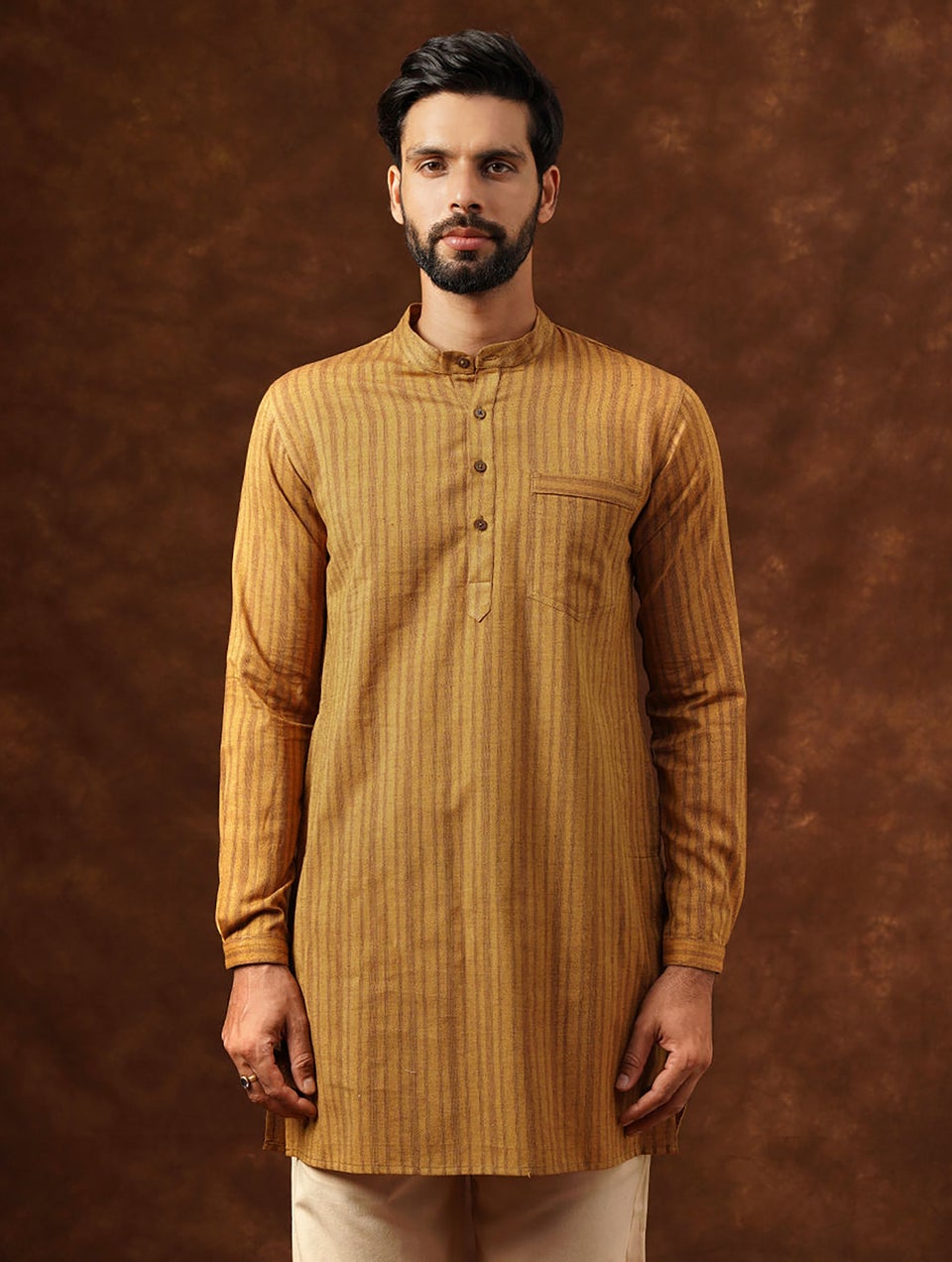 Men Mustard Yellow Cotton Round Neck Regular Fit Kurta - 38