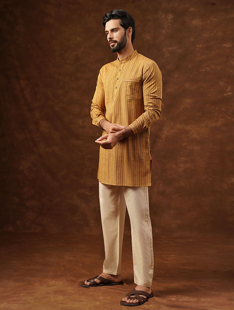 Men Mustard Yellow Cotton Round Neck Regular Fit Kurta - 38