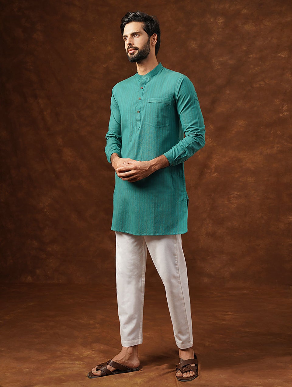 Men Teal Blue Cotton Round Neck Regular Fit Kurta - 38