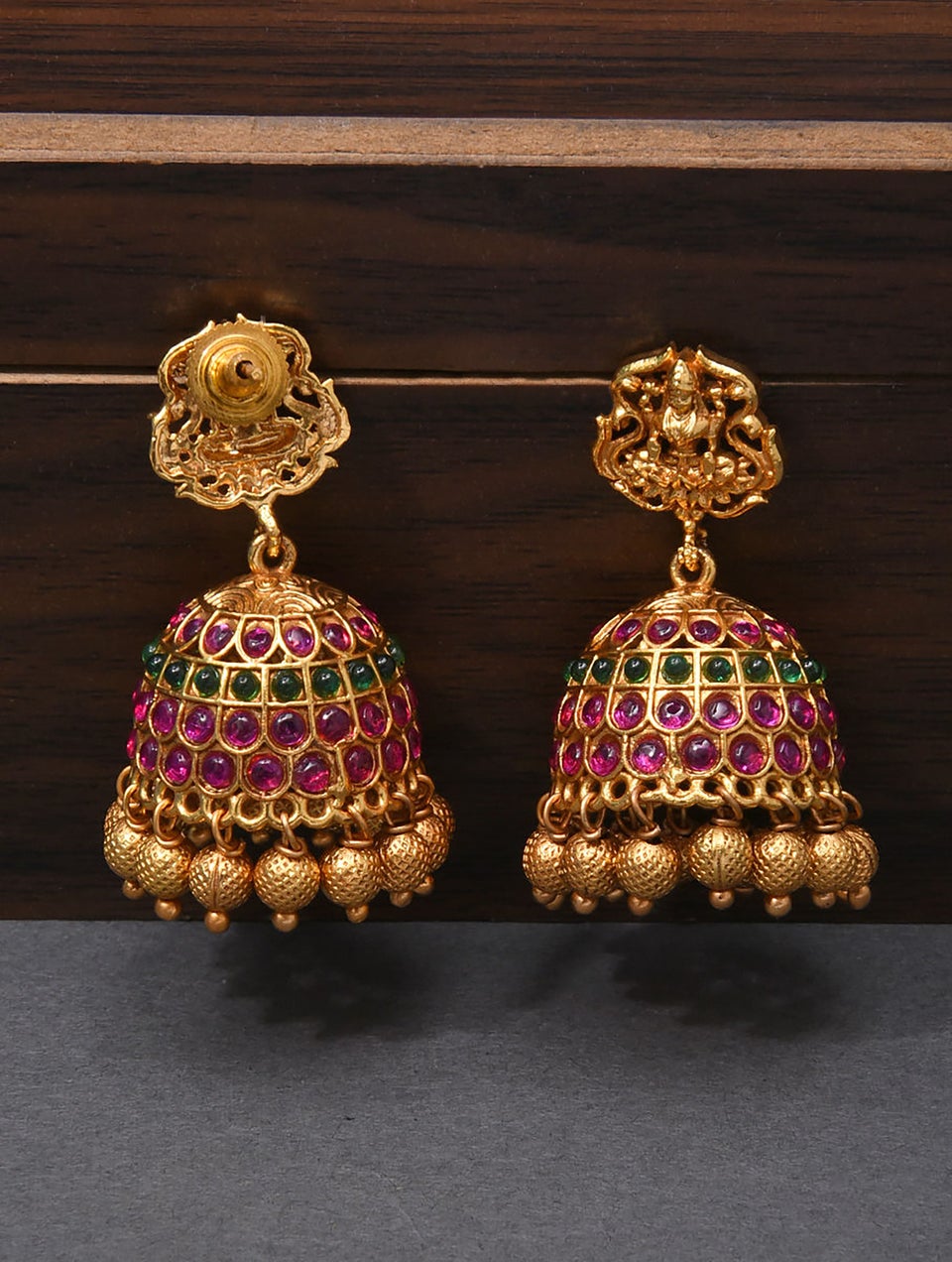 Women Pink Green Gold Tone Temple Necklace With Earring