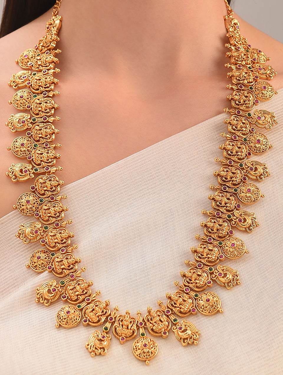 Women Pink Green Gold Tone Temple Necklace With Earring