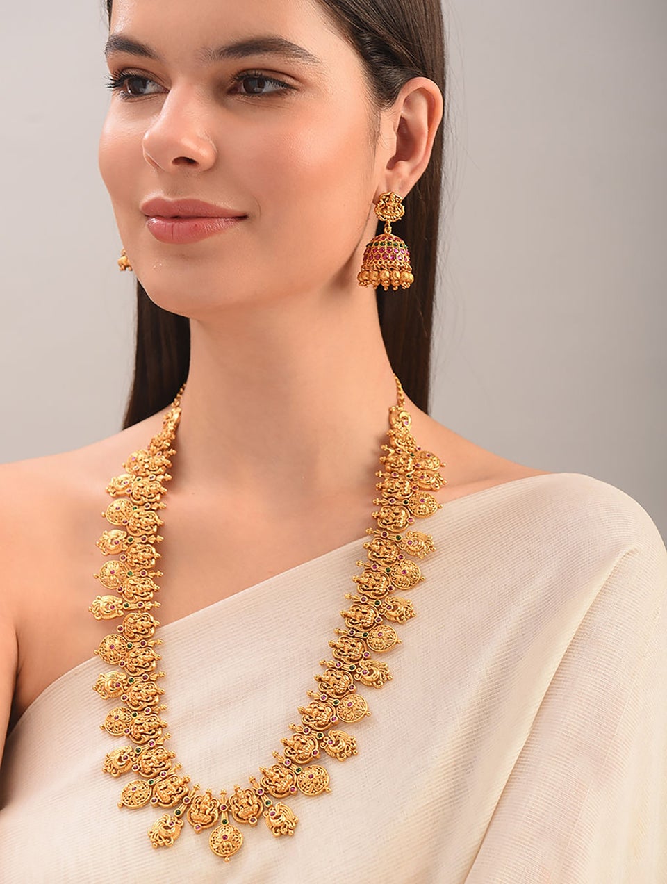 Women Pink Green Gold Tone Temple Necklace With Earring