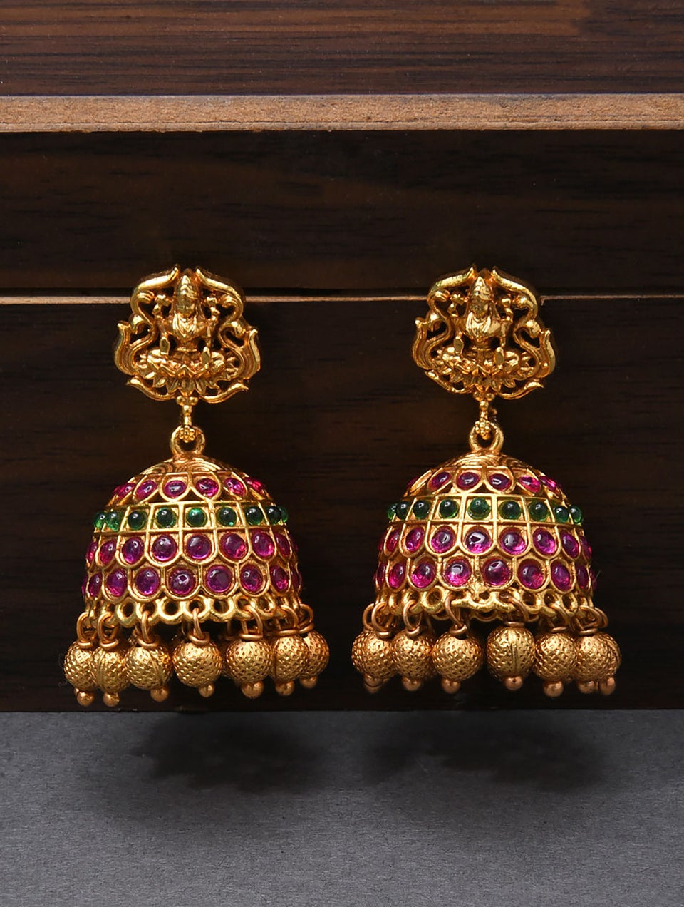 Women Pink Green Gold Tone Temple Necklace With Earring