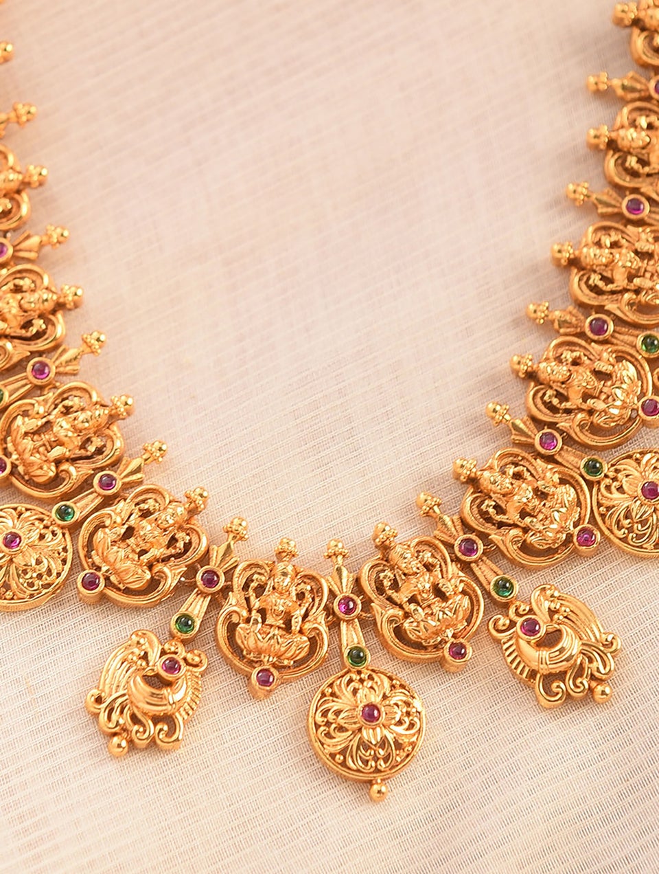 Women Pink Green Gold Tone Temple Necklace With Earring
