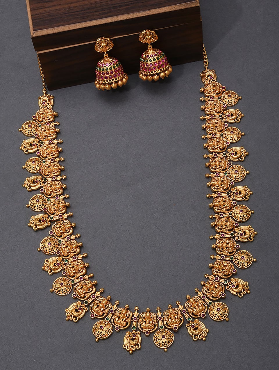 Women Pink Green Gold Tone Temple Necklace With Earring