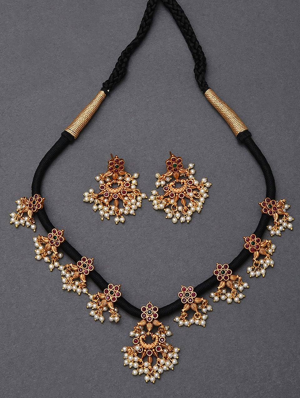 Women Pink Gold Tone Temple Necklace With Earring