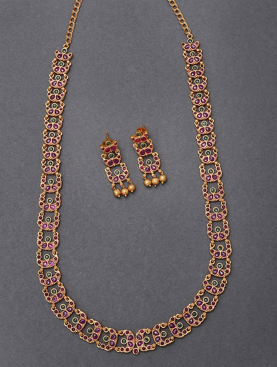 Women Pink Green Gold Tone Temple Necklace With Earring