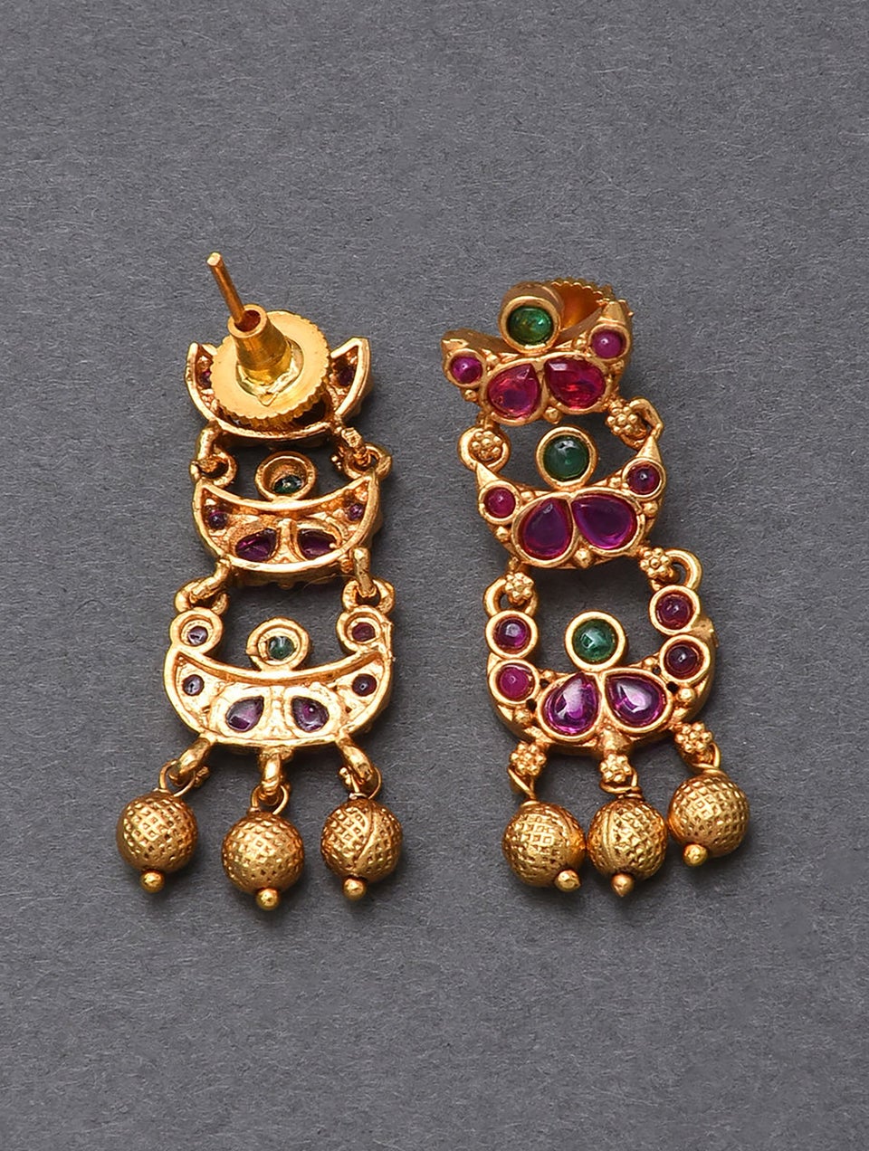 Women Pink Green Gold Tone Temple Necklace With Earring