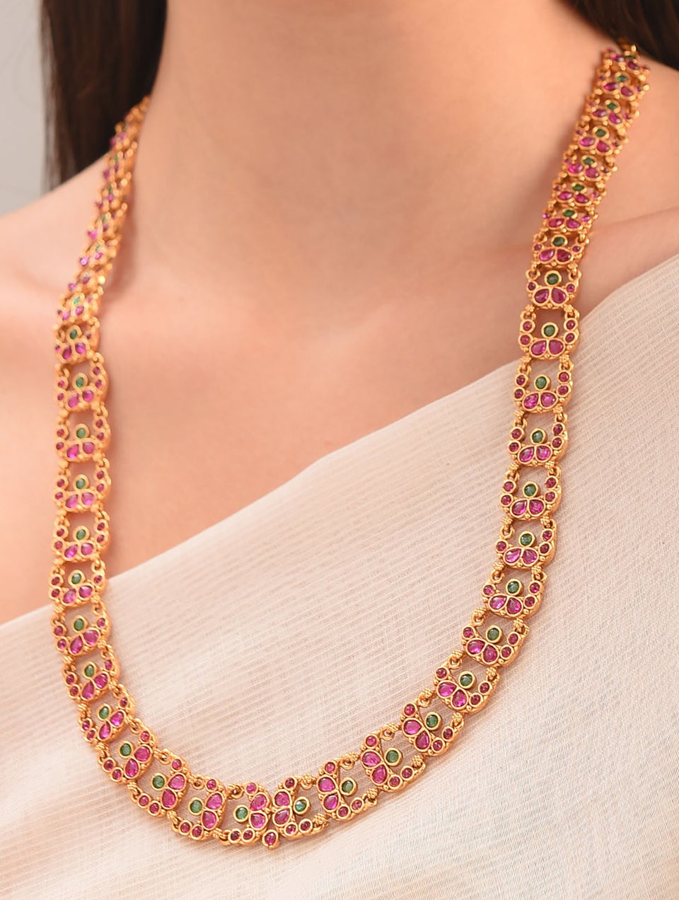 Women Pink Green Gold Tone Temple Necklace With Earring