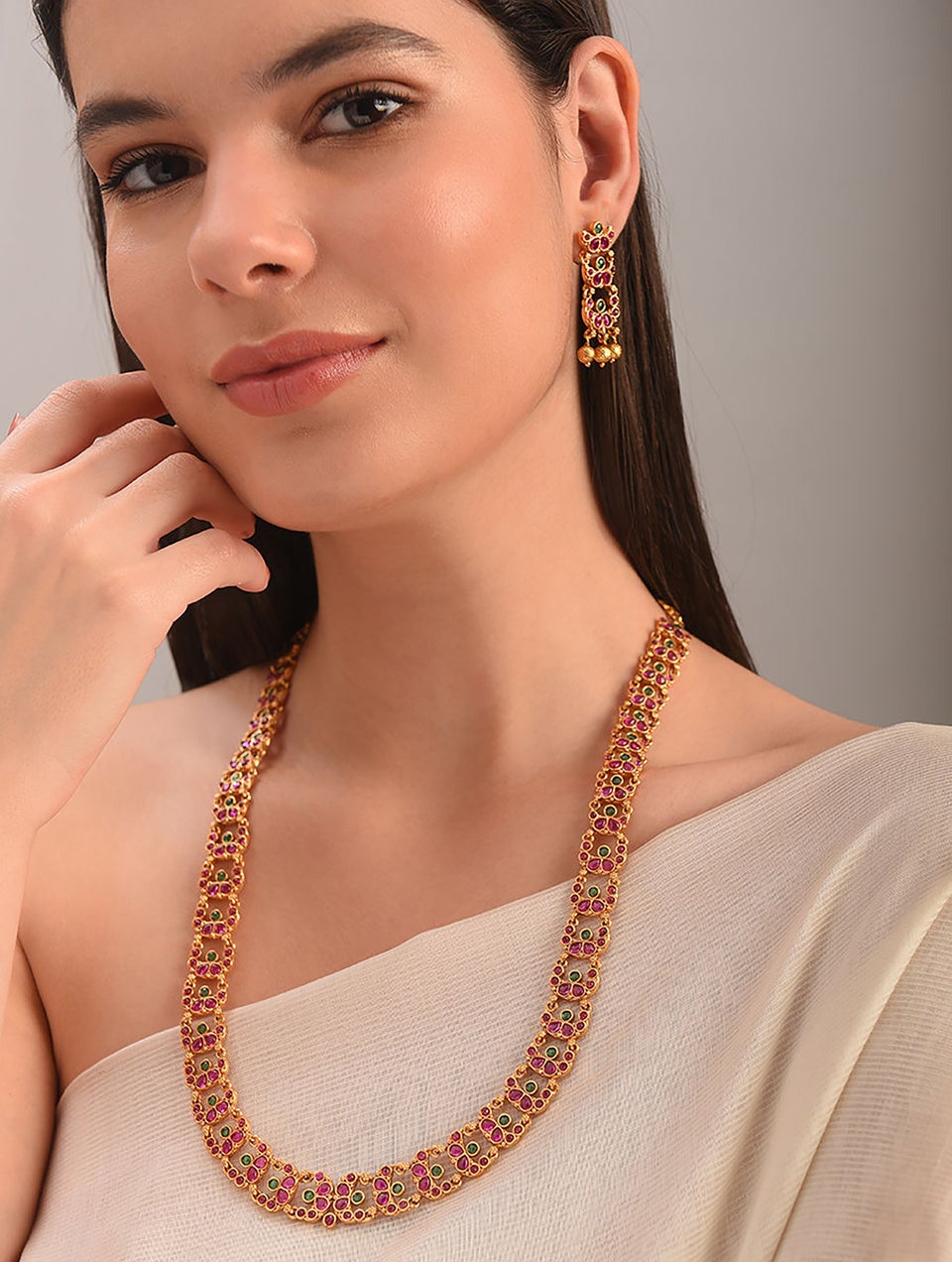 Women Pink Green Gold Tone Temple Necklace With Earring