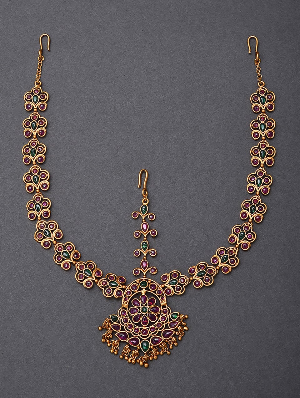 Women Pink Green Gold Tone Temple Maangtikka