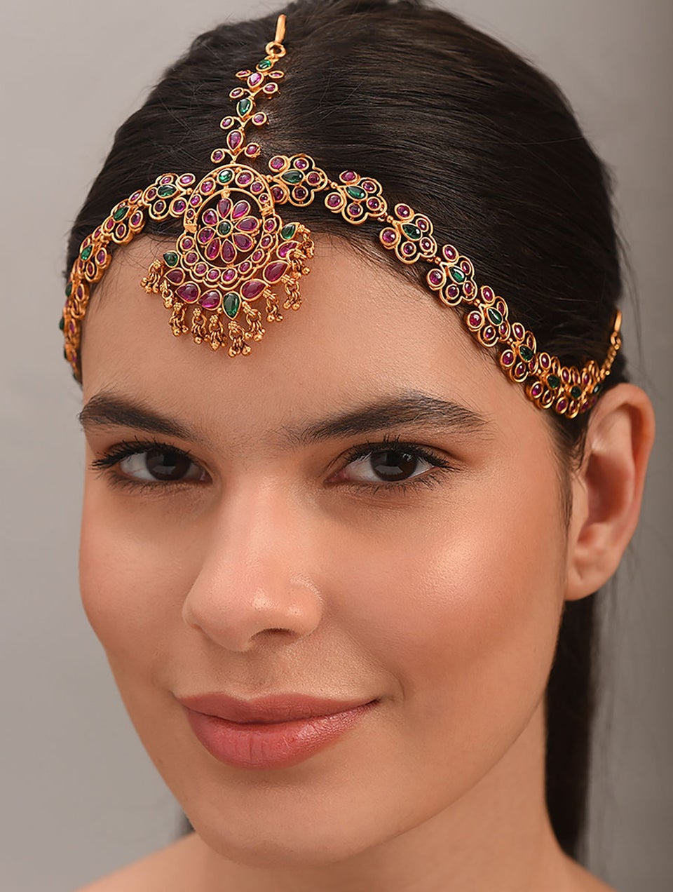 Women Pink Green Gold Tone Temple Maangtikka