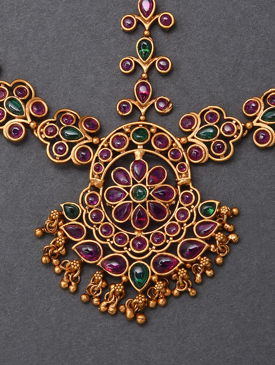 Women Pink Green Gold Tone Temple Maangtikka
