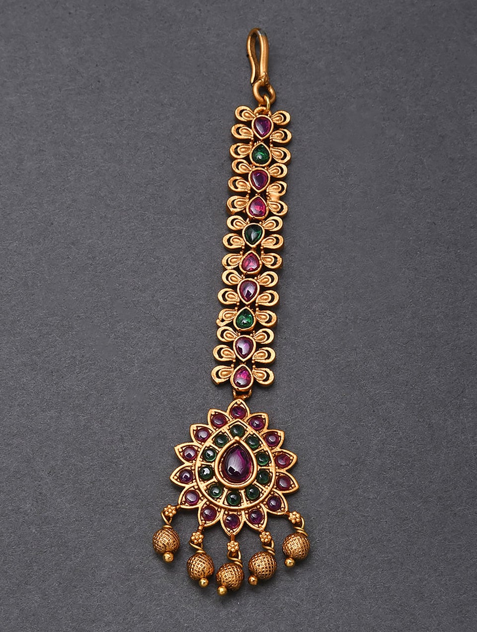 Pink Green Gold Tone Temple Maangtikka