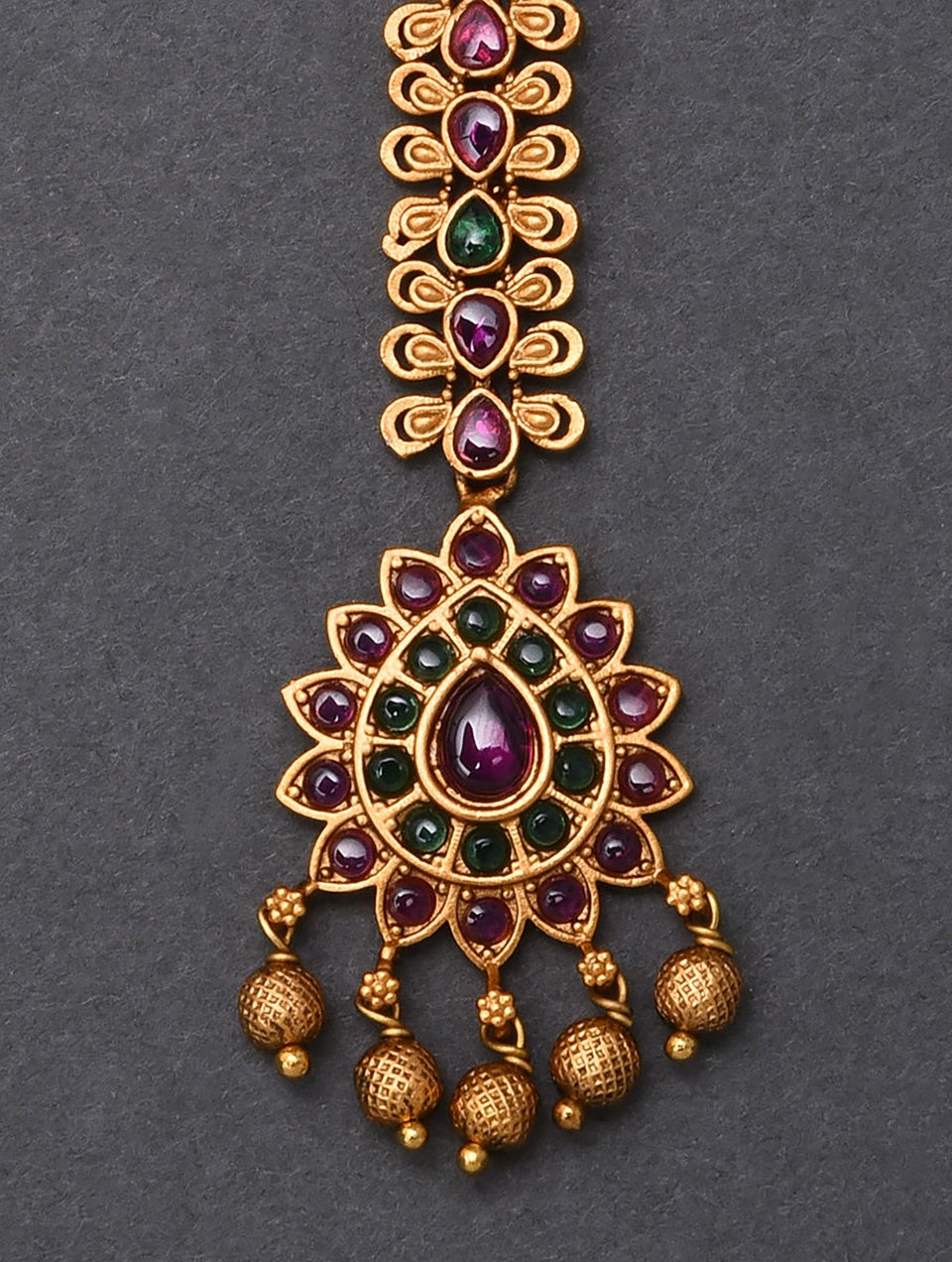 Pink Green Gold Tone Temple Maangtikka