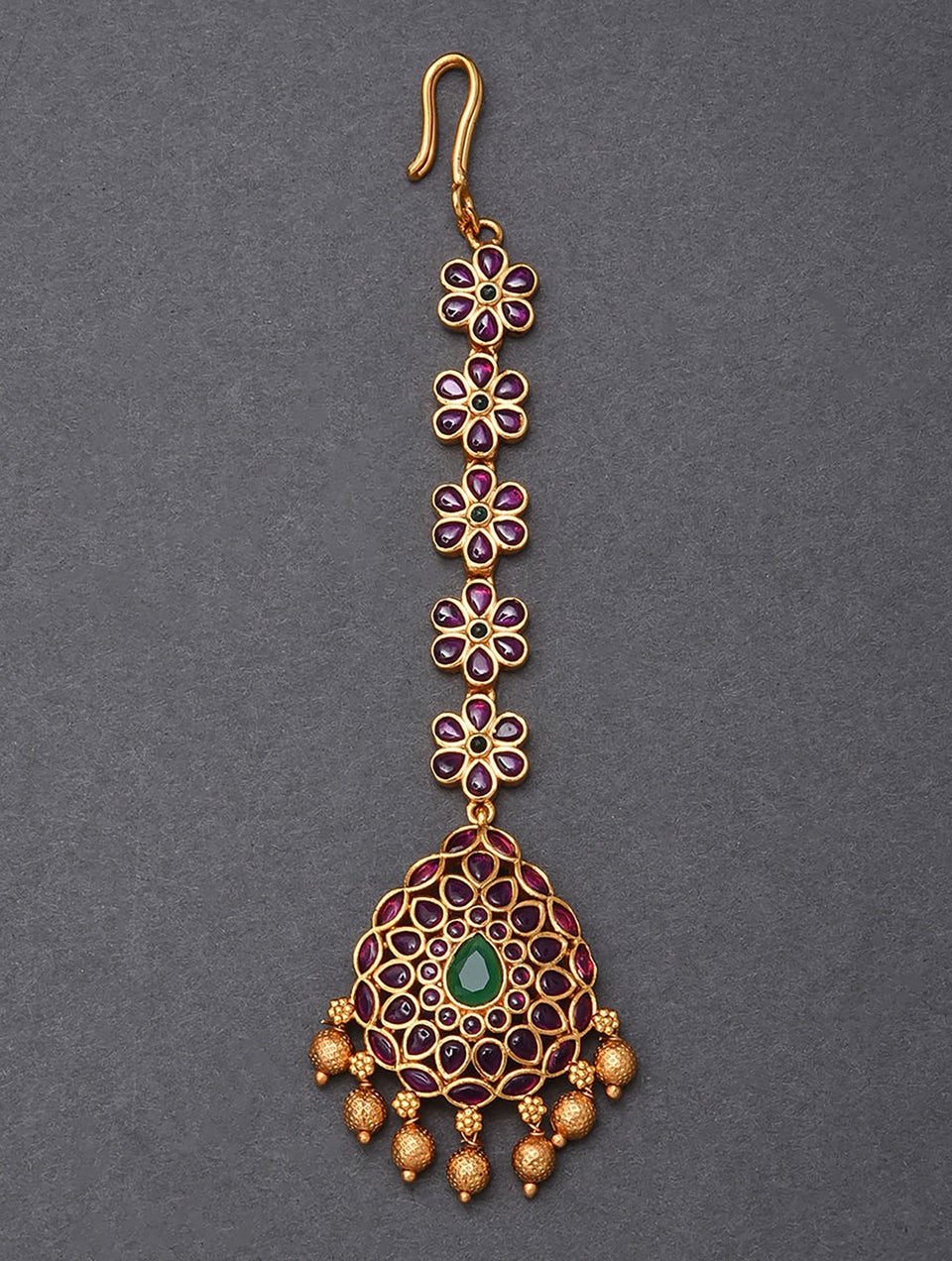 Pink Green Gold Tone Temple Maangtikka