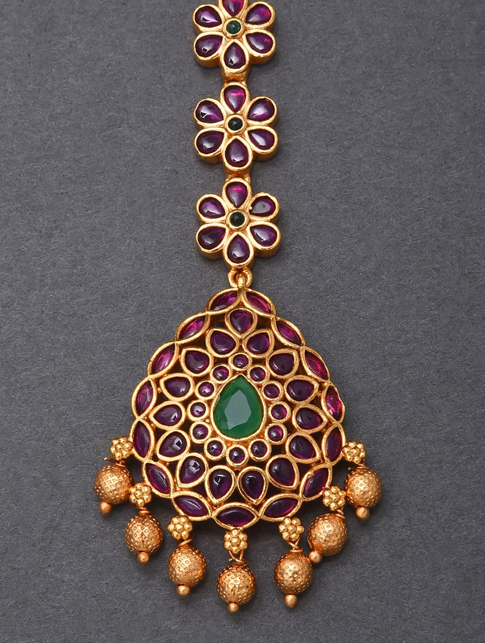 Pink Green Gold Tone Temple Maangtikka
