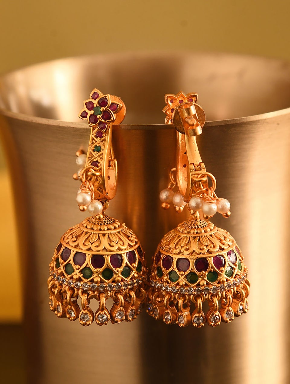 Women Pink Green Gold Tone Temple Jhumki Earrings
