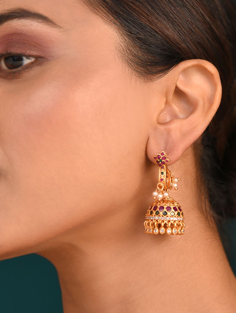 Women Pink Green Gold Tone Temple Jhumki Earrings