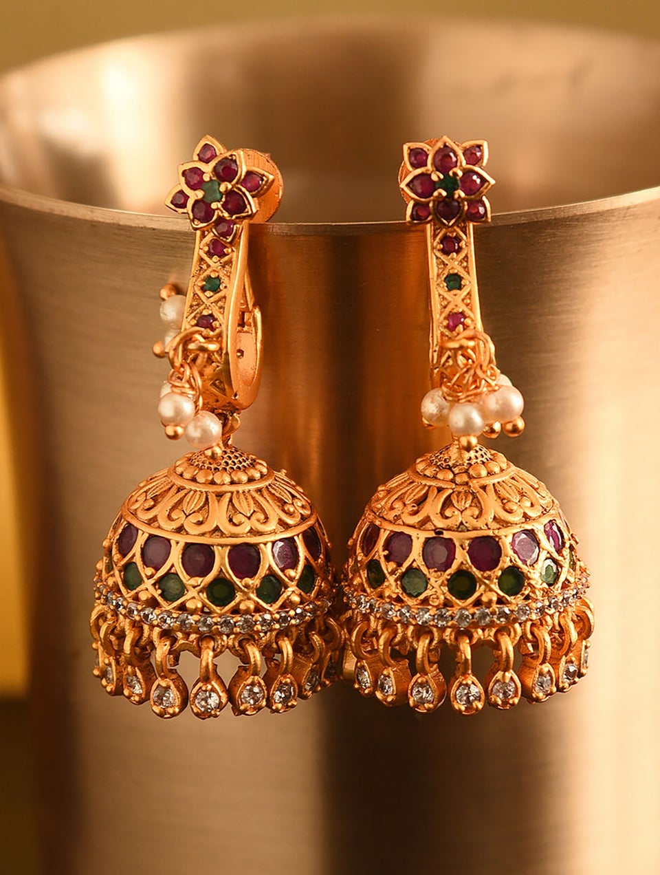 Women Pink Green Gold Tone Temple Jhumki Earrings