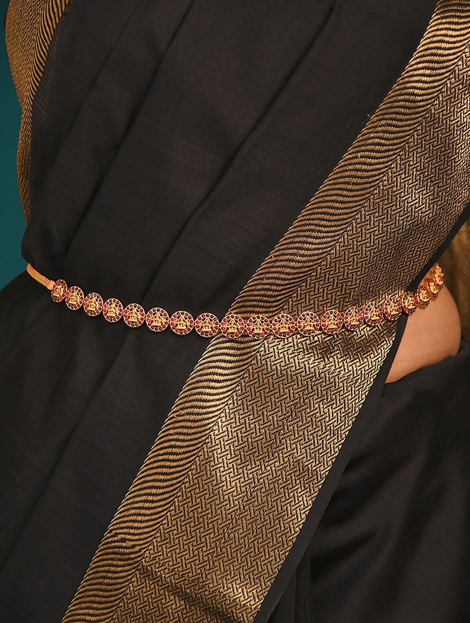 Women Pink Green Gold Tone Temple Kamarbandh