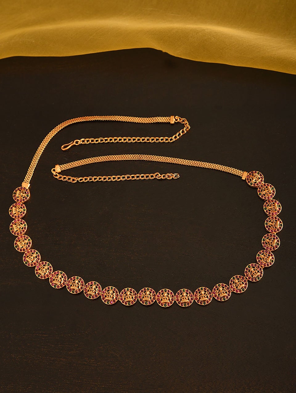 Women Pink Green Gold Tone Temple Kamarbandh
