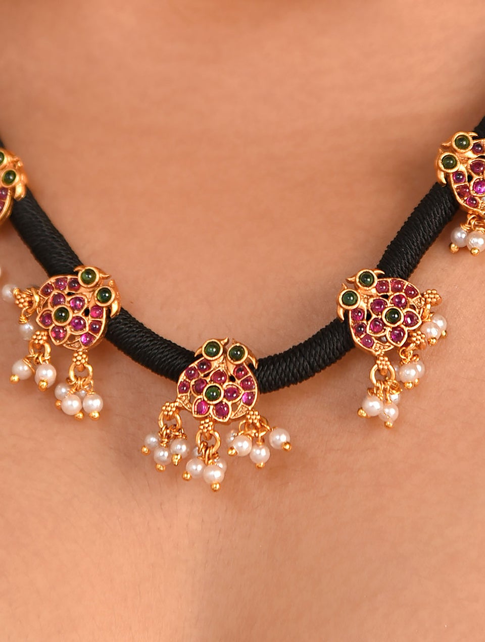 Women Pink Green Gold Tone Temple Necklace With Earring