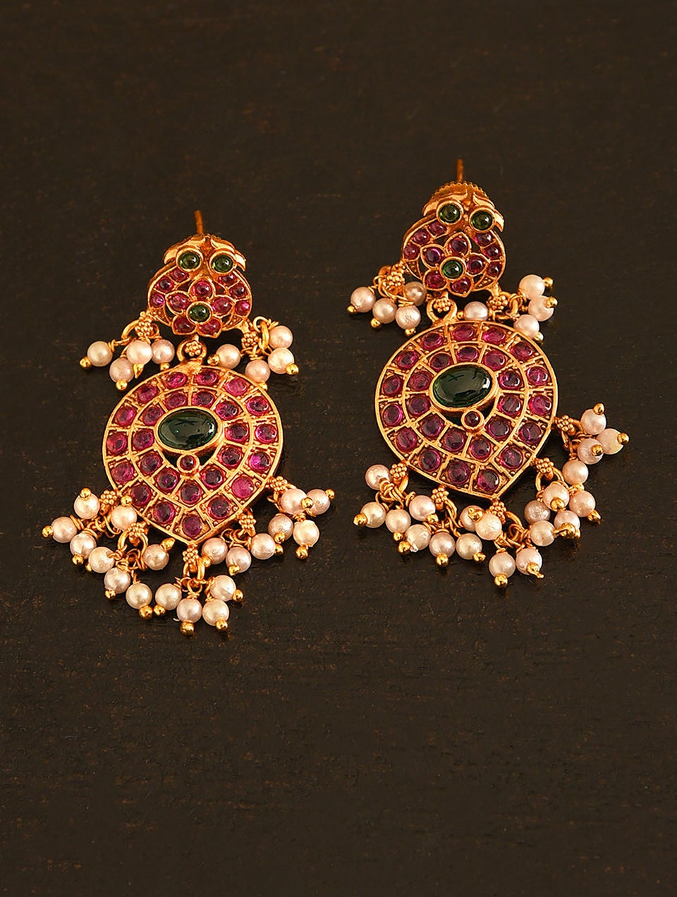 Women Pink Green Gold Tone Temple Necklace With Earring
