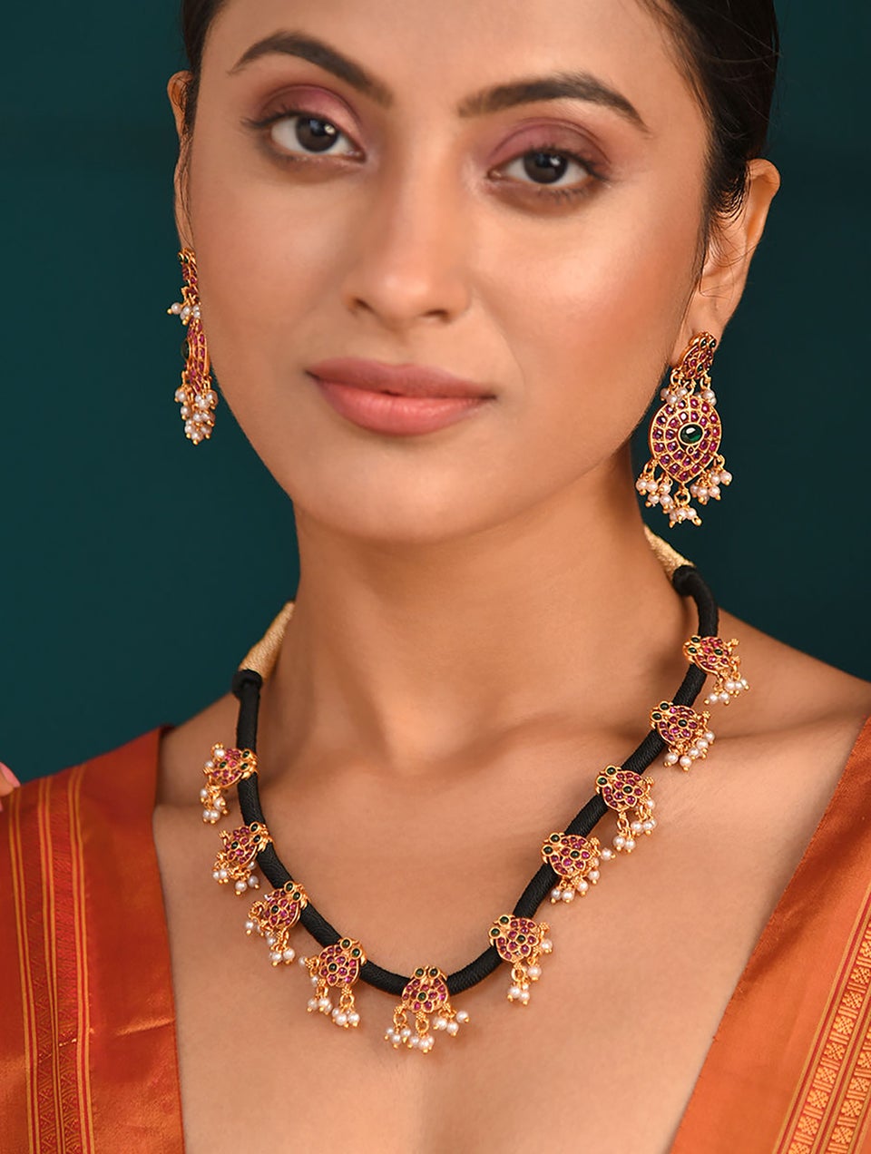 Women Pink Green Gold Tone Temple Necklace With Earring