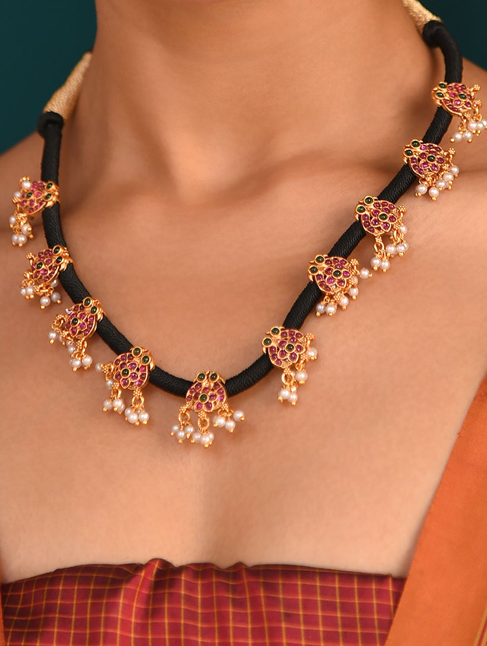 Women Pink Green Gold Tone Temple Necklace With Earring