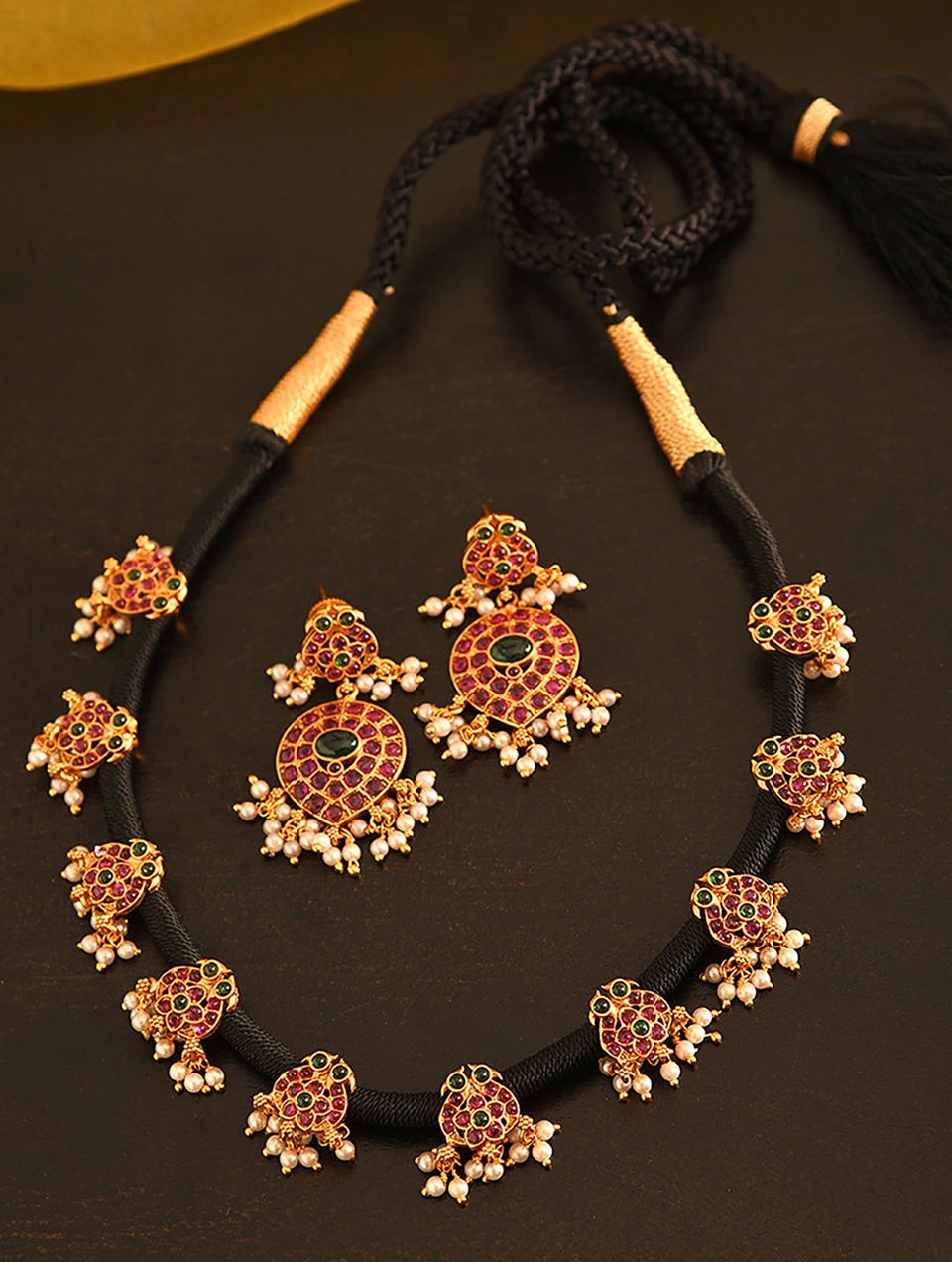 Women Pink Green Gold Tone Temple Necklace With Earring