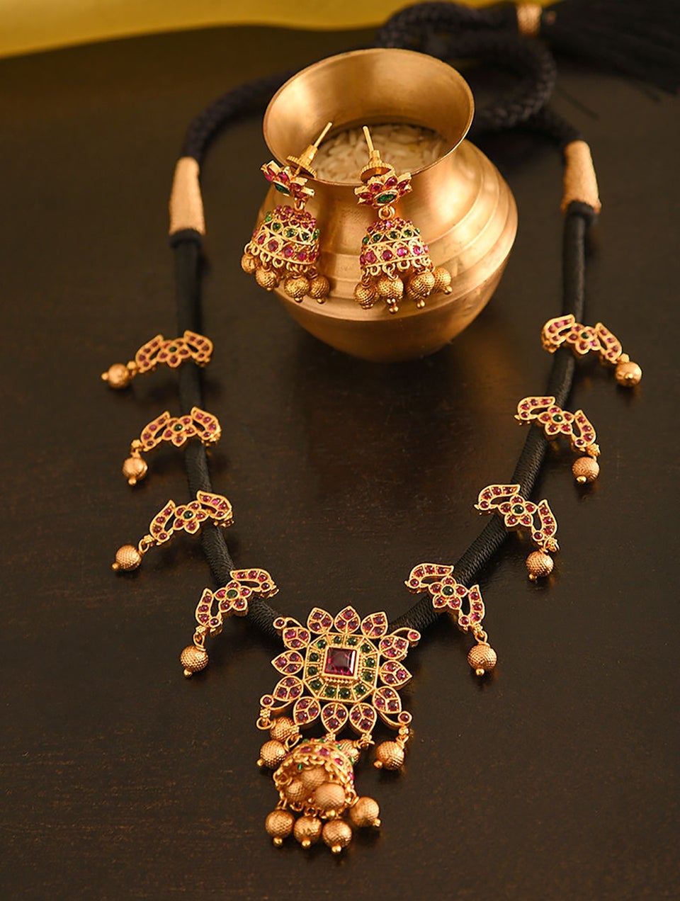 Women Pink Green Gold Tone Temple Necklace With Earring
