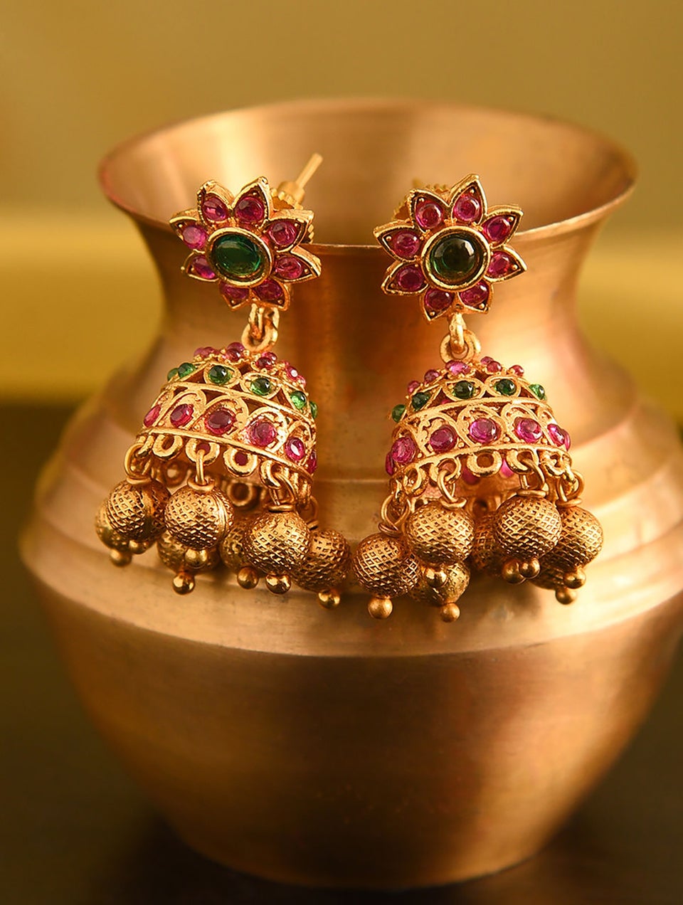 Women Pink Green Gold Tone Temple Necklace With Earring