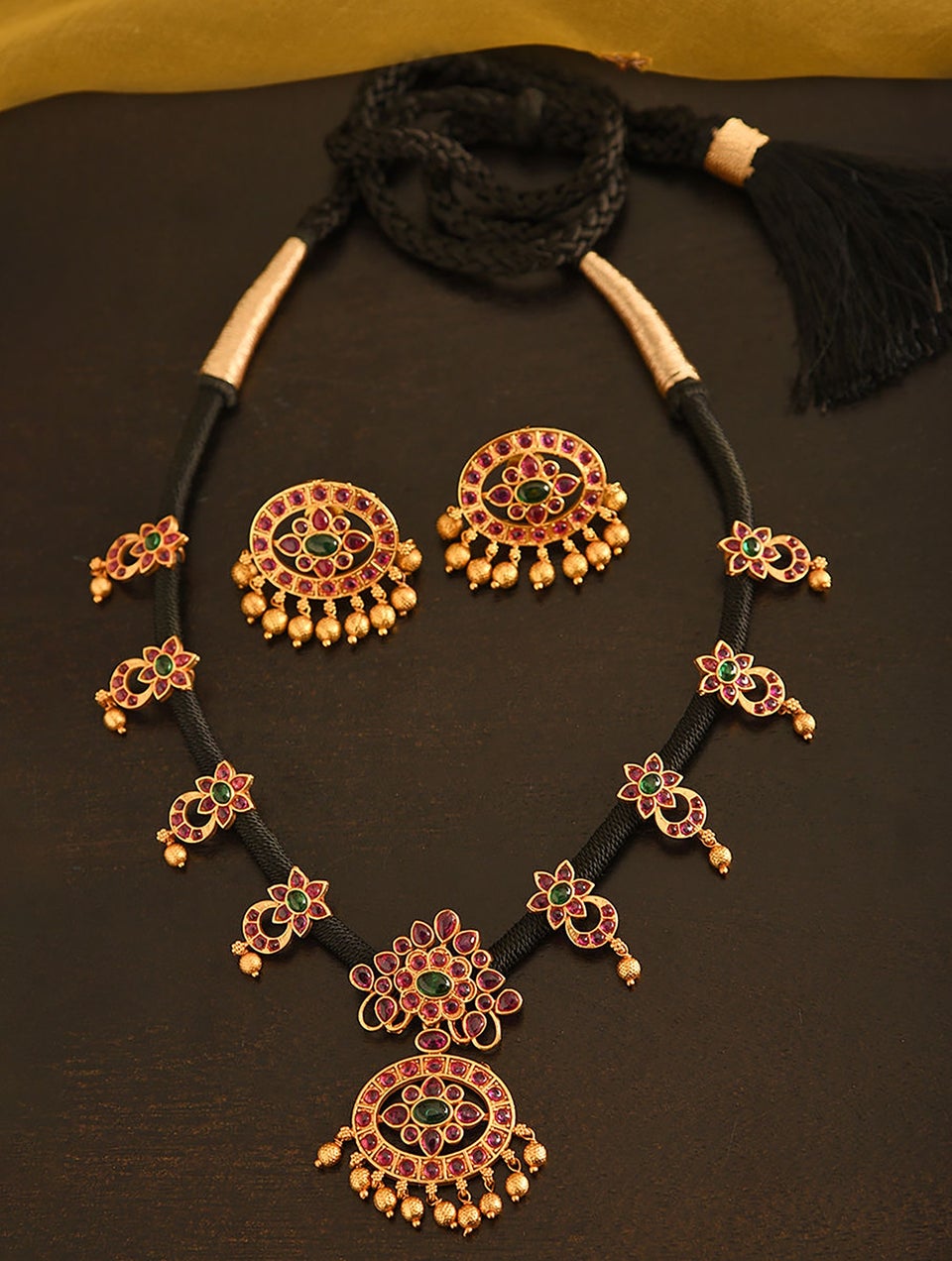 Women Pink Green Gold Tone Temple Necklace With Earring