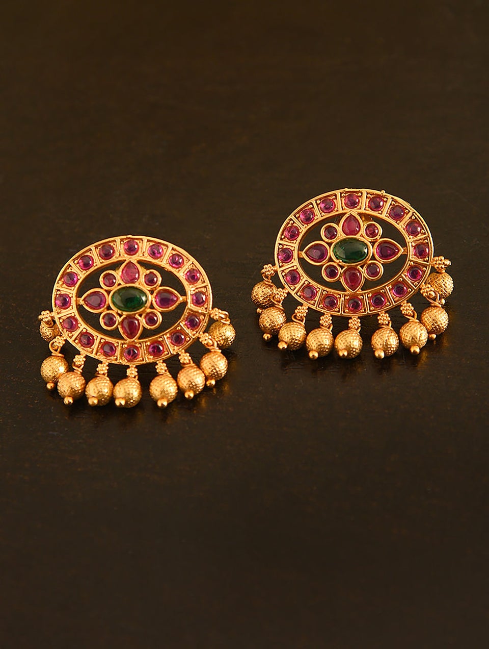 Women Pink Green Gold Tone Temple Necklace With Earring