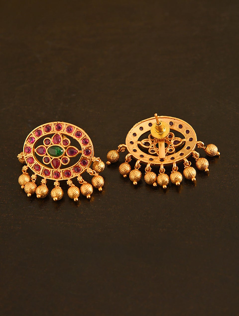 Women Pink Green Gold Tone Temple Necklace With Earring