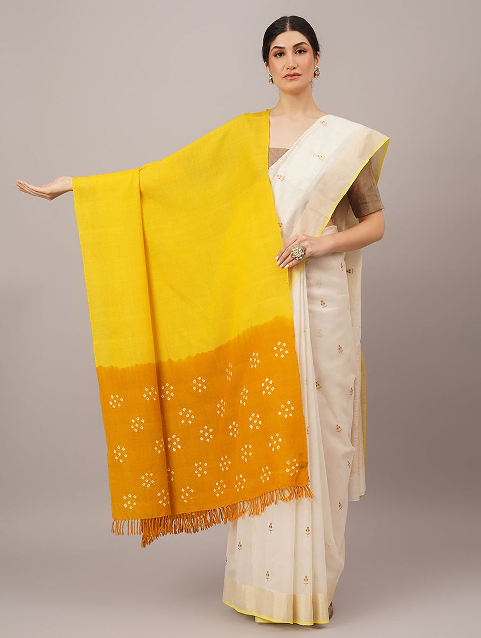 Women Yellow Handwoven Bandhani Wool Shawl