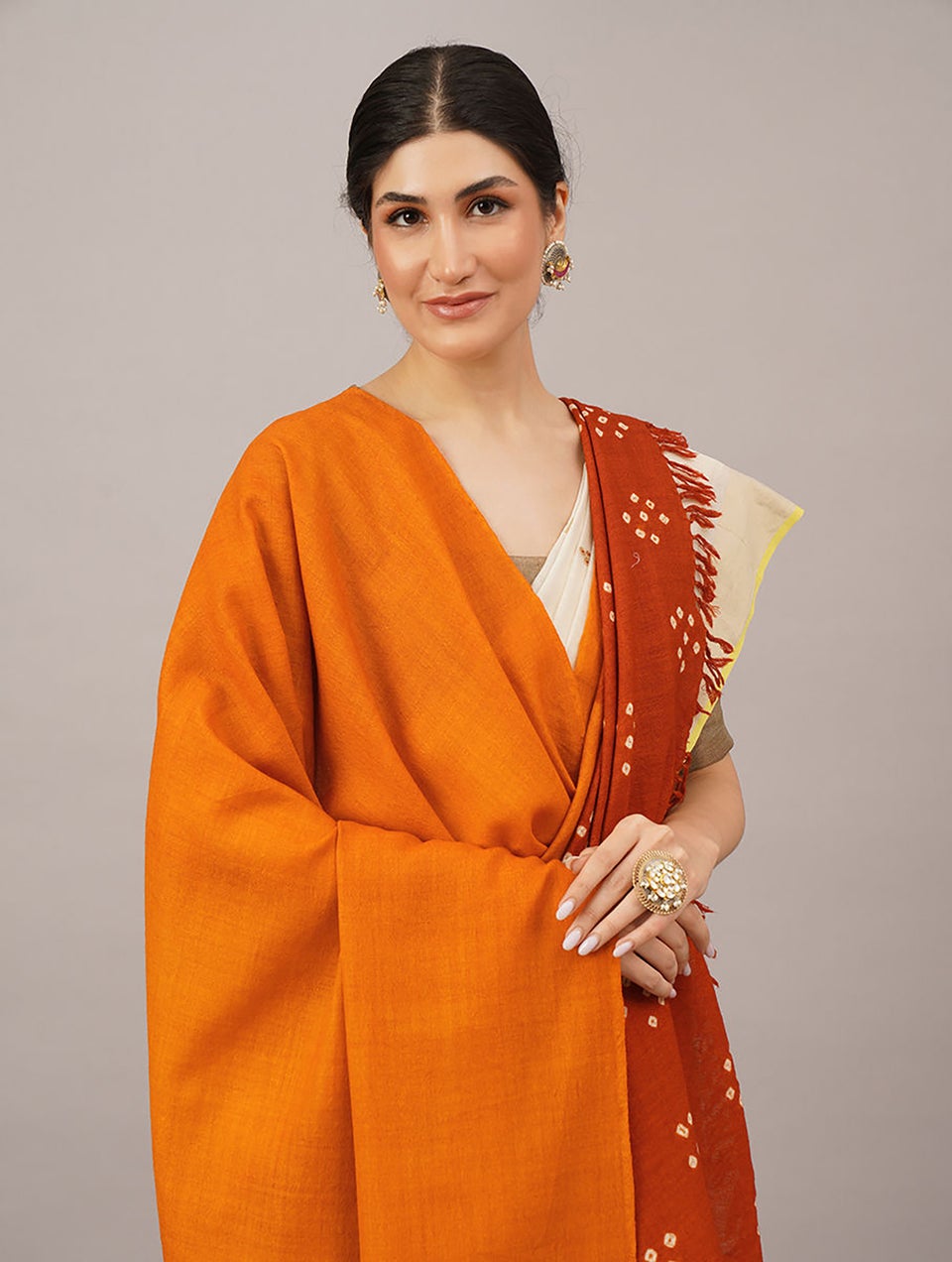 Women Orange Handwoven Bandhani Wool Shawl