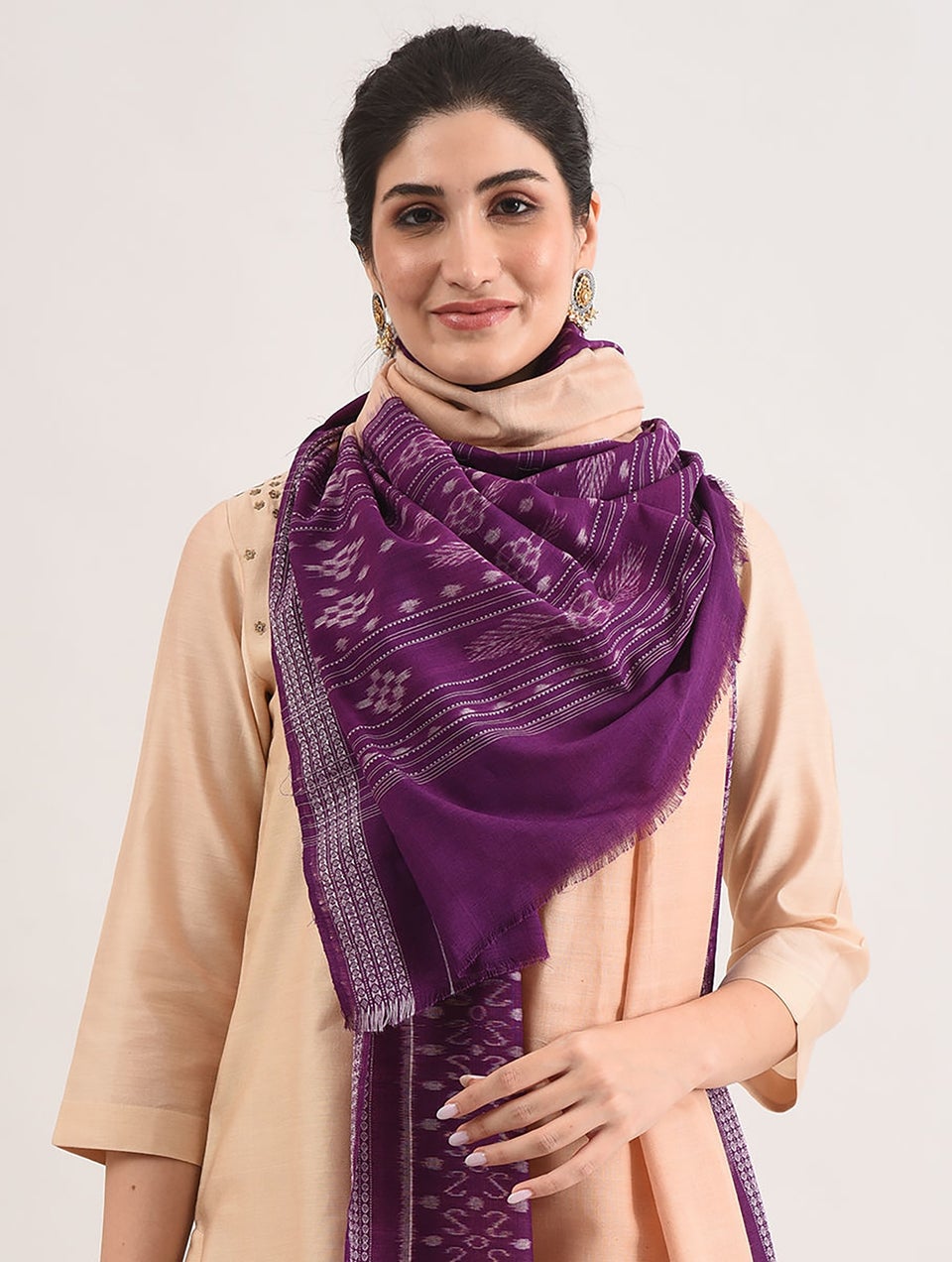 Women Purple-Beige Handloom Sambalpuri Ikat Cotton Dupatta