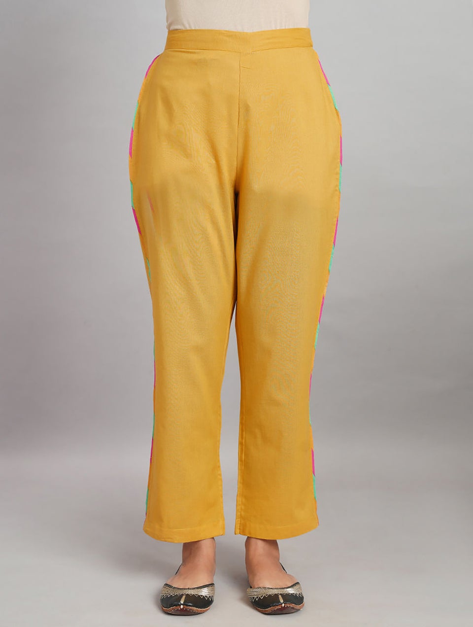 Women Mustard Yellow Cotton Solid Ankle Length Regular Fit Pant - XS