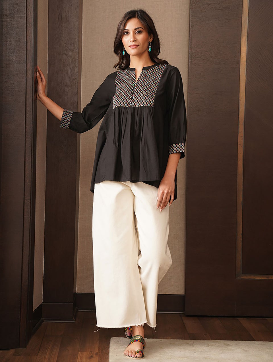 Black Embroidered Cotton Top With Gathers - XS