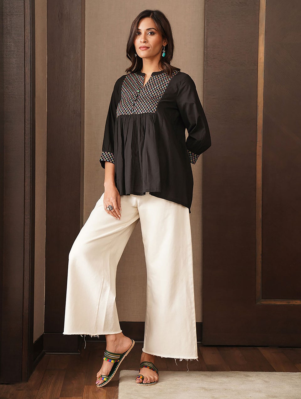 Women Black Cotton Embroidered Round Neck Loose Fit Top - XS