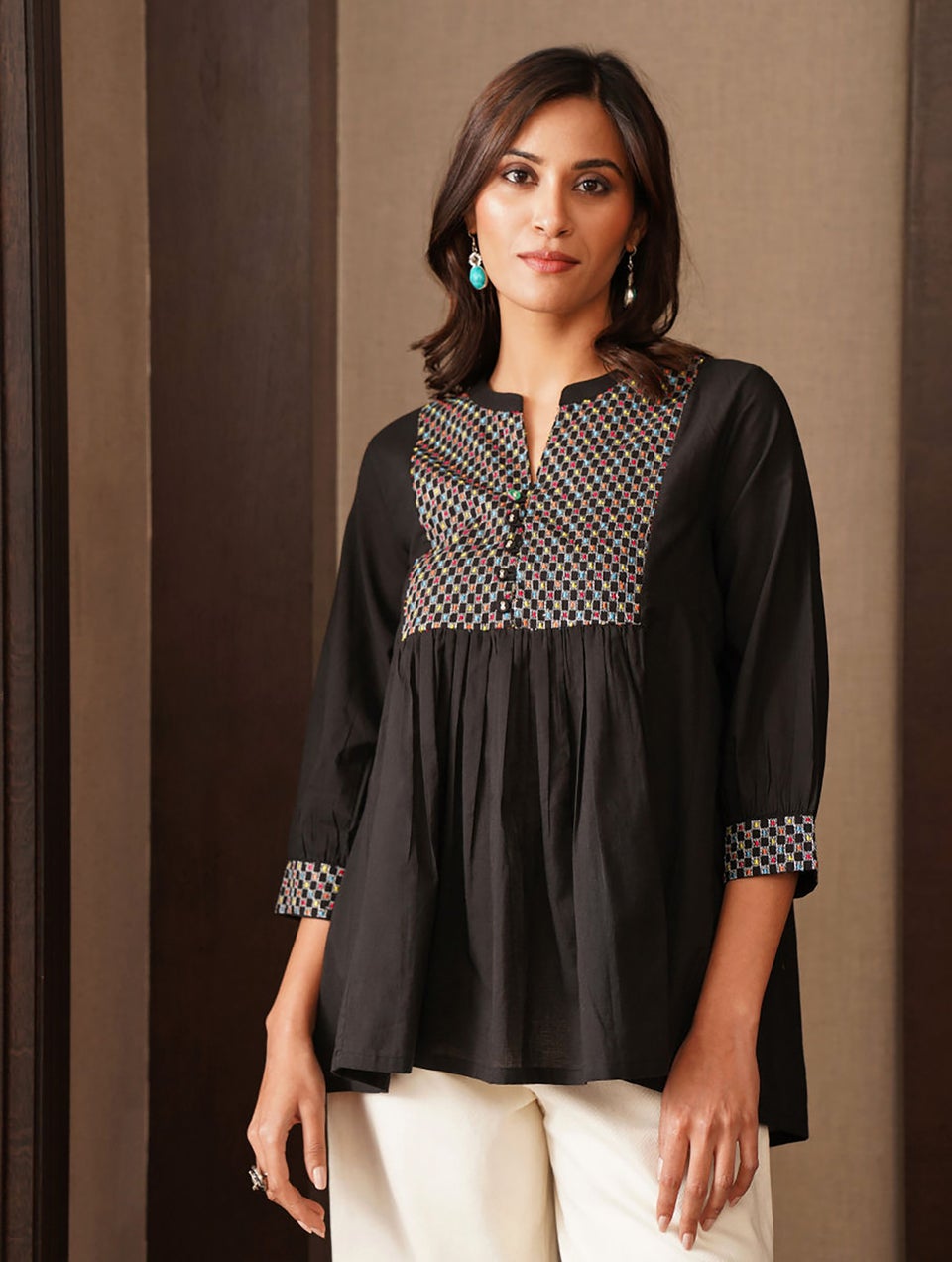 Black Embroidered Cotton Top With Gathers - XS