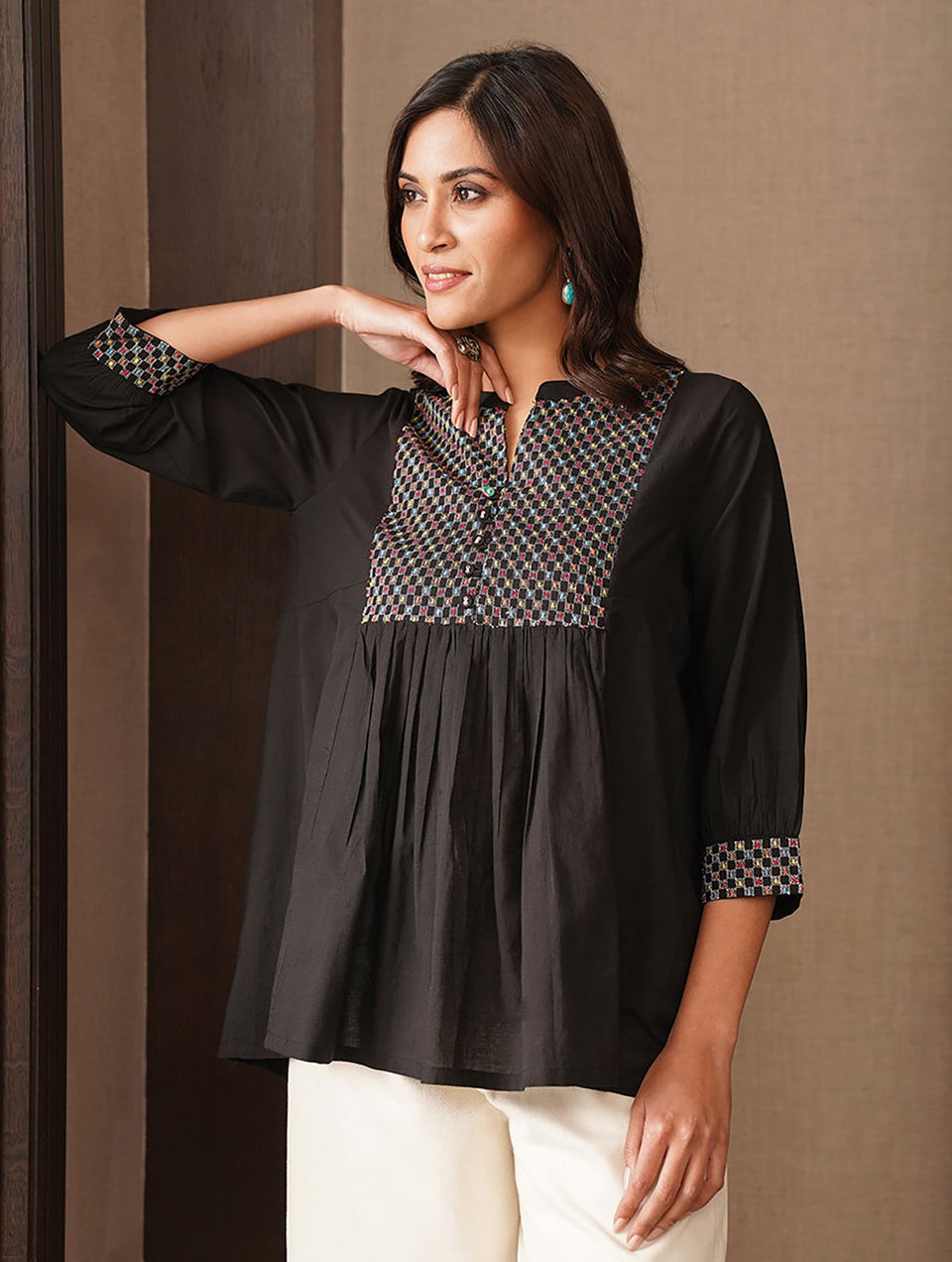 Black Embroidered Cotton Top With Gathers - XS