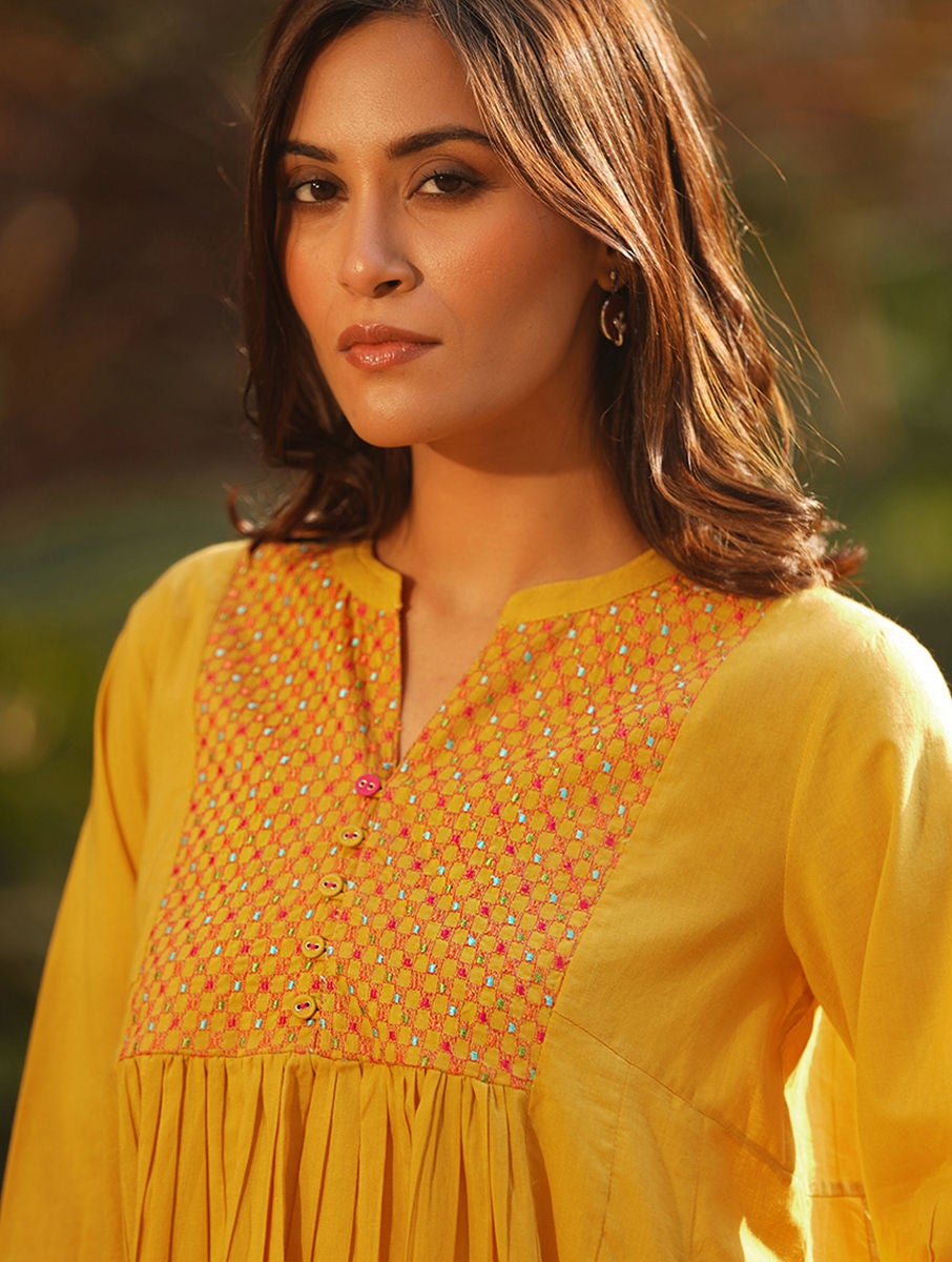 Mustard Embroidered Cotton Top With Gathers